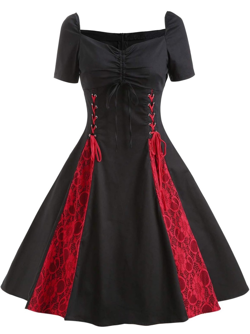 Black Midi Dress with Red Lace Insets - Women's Fit & Flare